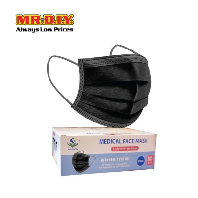 MILKON 3-ply Disposable Medical Face Mask Black (30 pieces)