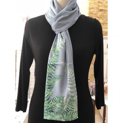 Satin Shawl - Grey With Green Fern