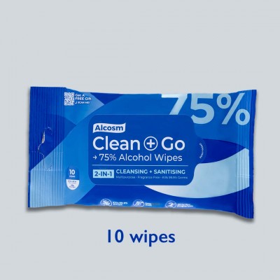 Alcosm 75% Alcohol Classic Wipes  - 10 wipes (120 Packs Per Carton)