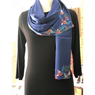 Satin Shawl - Indigo Blue With Reddish Orangy Flora