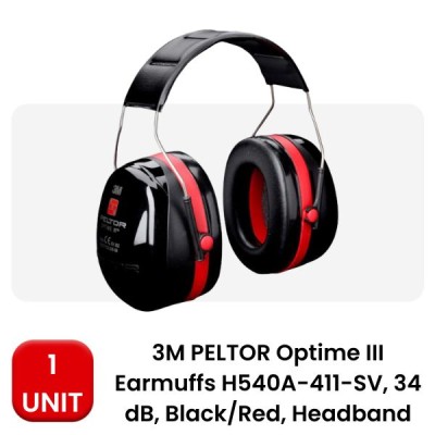 3M H540A-411-SV PELTOR OPTIME III EARMUFF HEADBAND - SNR 34DB, RED & BLACK