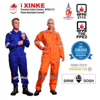 XINKE FRC PREMIUM COTTON TREATED, NFPA2112 FLAME RETARDANT FR COVERALL SIRIM DOSH