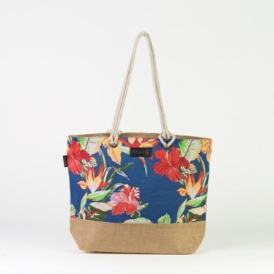 # RB 126 - TOSSA Fashion Cotton Bag - Tropical print/blue-cord handles (450 gm. Per Unit)