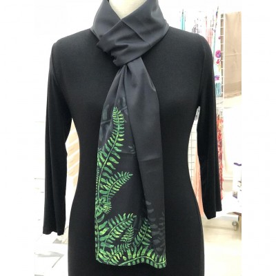 Satin Shawl - Black With Green Fern