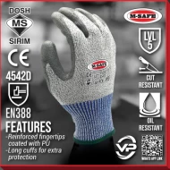 VPRO PPE GLOVE M-SAFE SIRIM DOSH LEVEL 5 CUT RESISTANT PU COATED GLOVES 4542D ABRASION SARUNG TANGAN KELABU FIT M-PCR ANTI CUT GLOVE