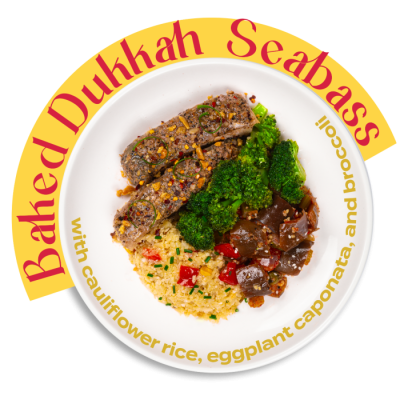 Baked Dukkah Seabass with Cauliflower RIce, Eggplant Caponata & Broccoli (HP) - REGULAR (370g)