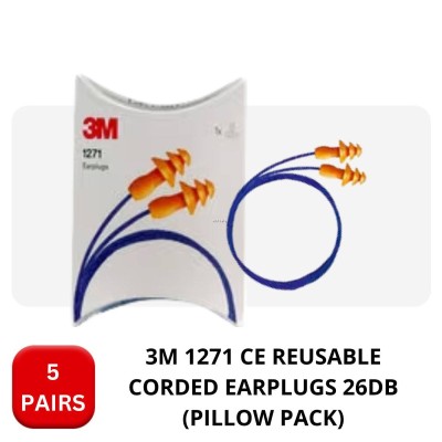 3M 1271 (CE) REUSABLE CORDED EAR PLUG (PILLOW PACK) - SNR 26DB (5 PAIRS per PACK)