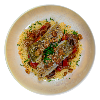 Baked Dukkah-Crusted Sea Bass, Eggplant Caponata and Couscous - LARGE (420 g)