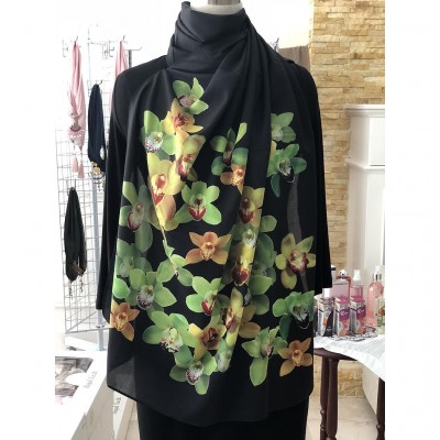 Flora Hijab Black Shawl With Green Orchids