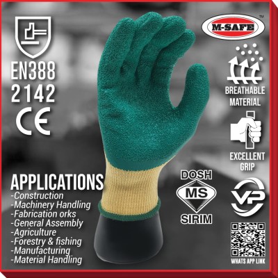 VPRO PPE GLOVE M-SAFE DOSH SIRIM LATEX COATED GREEN MAX GRIP GLOVE  HIJAU SCAFFOLDING COTTON COATED KERJA COTTON KAIN GETAH  HIJAU