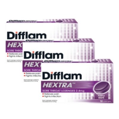 (SET OF 3) DIFFLAM HEXTRA SORE THROAT LOZ (GRAPE) 12'S